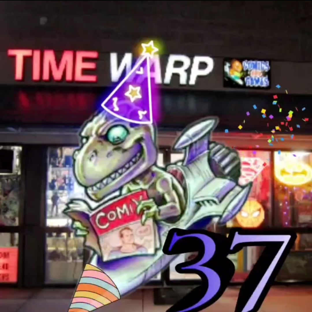 The Time Warp Rocket Dino with a birthday hat and a purple number 37 in front of the Time Warp storefront.